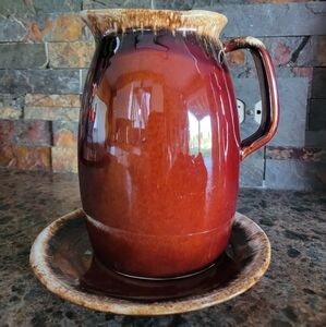 Vintage Hull Oven Proof 6.5” Brown Drip Glaze Pottery Pitcher USA & Plate‎